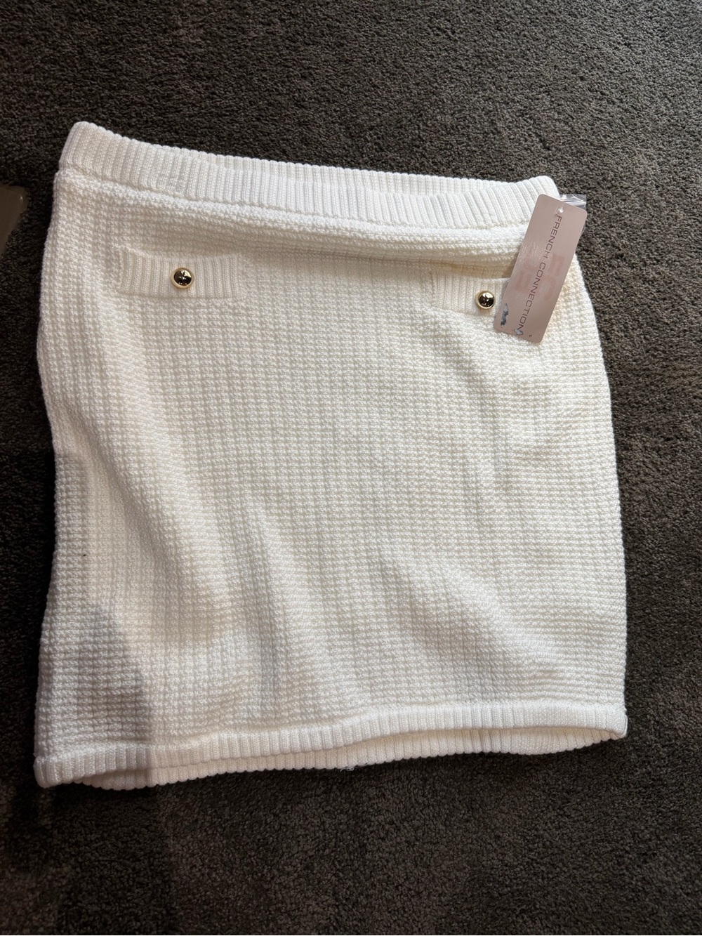 French Connection White Knit Mini Skirt with Gold Button Accents Sz med